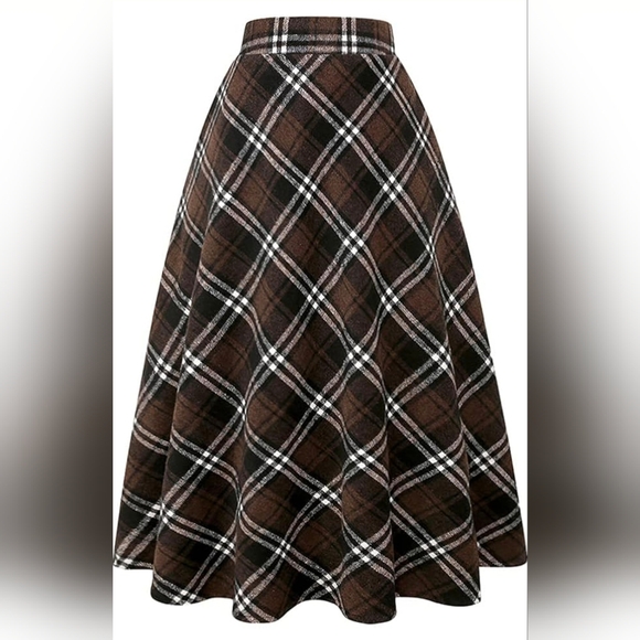 Ylingjun Dresses & Skirts - Ylingjun Long Tartan Plaid Wool A-line Skirt for Women with High Elastic Waist